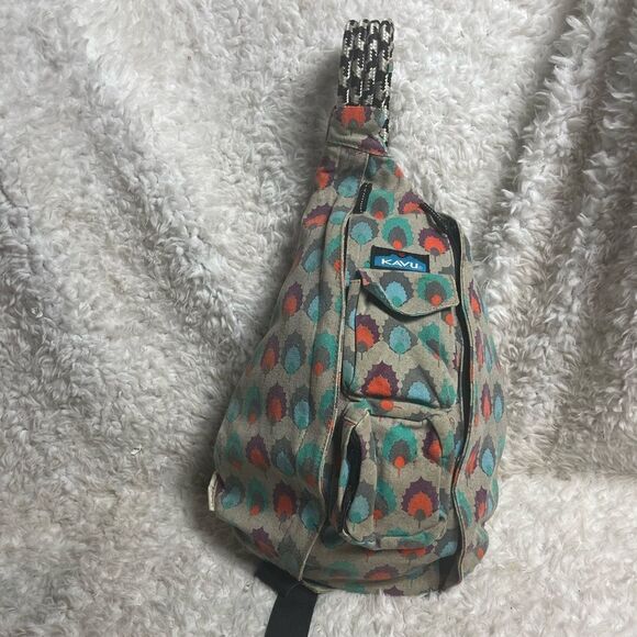 Limited edition Kavu Rope sling bag Canvas gray ,Orange,blue & purple print. - Picture 1 of 10